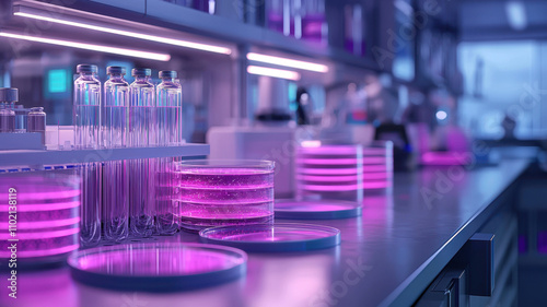 laboratory bench is illuminated with purple light, showcasing petri dishes and test tubes, creating futuristic and scientific atmosphere. setting is organized and clean, emphasizing precision