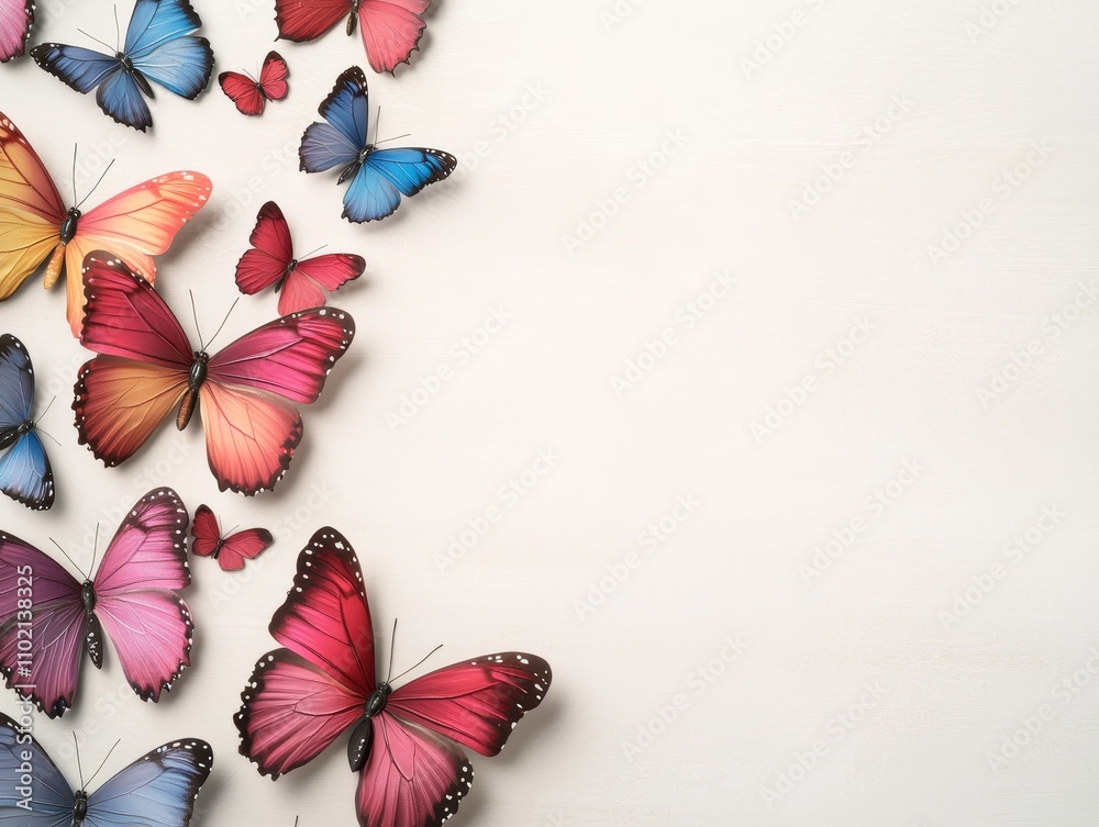 Obraz premium Serene Butterfly Cluster on Pastel Wood Background - Peaceful Spring Aesthetic