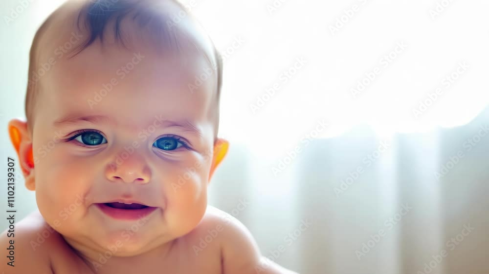 A smiling baby with bright eyes looking toward the camera in a warmly lit room. A heartwarming moment full of innocence and joy. A smiling baby with bright eyes looking toward the camera in a warmly lit room. A heartwarming moment full of innocence and joy.