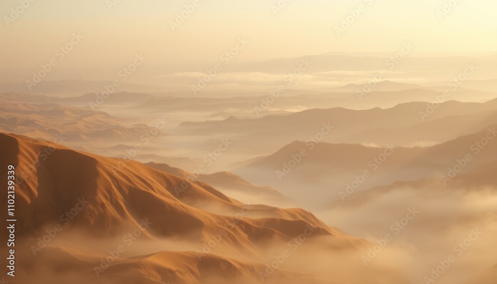 Naklejka premium Misty sunrise over rolling hills and valleys.