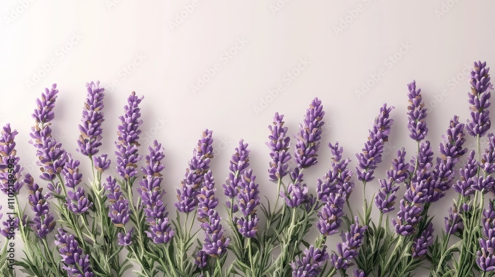 Naklejka premium Serenity in Lavender Closeup Lavender Sprigs on Light Background, Calm and Tranquil Mood for Wellness, Aromatherapy, and Beauty Concepts