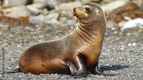 A seal resting on a rocky beach, showcasing its sleek body and natural habitat.