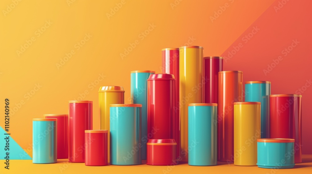 Brightly colored cylindrical containers in red, yellow, and blue arranged in an abstract geometric pattern. The vibrant colors create a playful and energetic mood, perfect for packaging or design Brightly colored cylindrical containers in red, yellow, and blue arranged in an abstract geometric pattern. The vibrant colors create a playful and energetic mood, perfect for packaging or design
