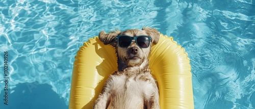 Sunglass-Wearing Dog Relaxing on Yellow Pool Float in Turquoise Pool, Summer Fun and Pet Relaxation Concept photo