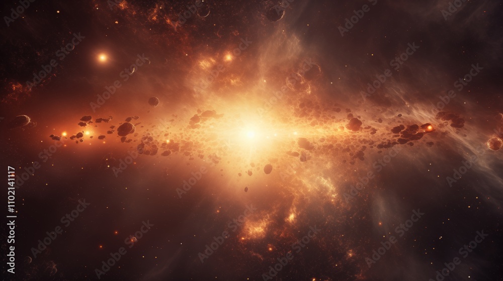 Naklejka premium A galaxy with an asteroid belt, backlighting, space on the right,generative ai illustration