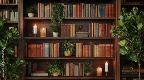 Symmetrical Dark Wood Bookcase with Books, Plants, and Candles in Warm Candlelight Setting - Cozy Home Library Ambiance