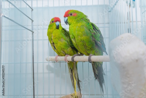 Yellow-green parrots in a cage