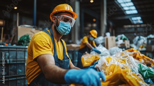 Volunteers with masks sorting donation items in a charity center, emphasizing safety and compassion photo