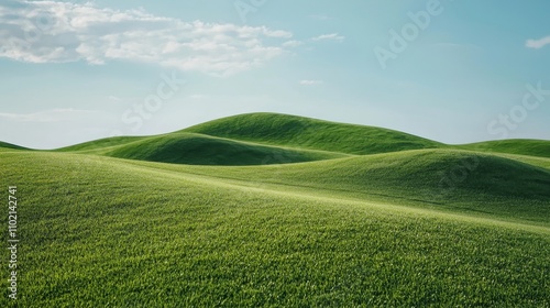 Tranquil Serenity Lush Green Rolling Hills Landscape under Soft Blue Sky - Peaceful Nature Scene Ideal for Relaxation and Zen Vibes