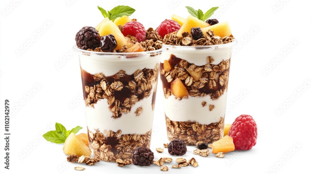 A yogurt parfait with granola and fresh fruits, healthy breakfast food, isolated on white background A yogurt parfait with granola and fresh fruits, healthy breakfast food, isolated on white background