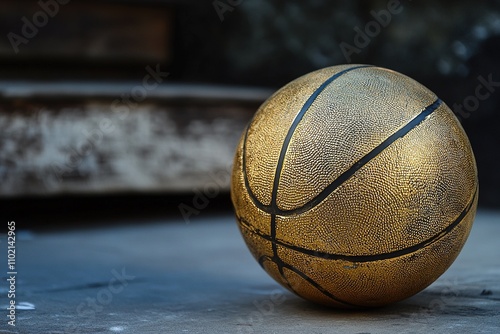  Vintage golden basketball against a dark textured backdrop. photo