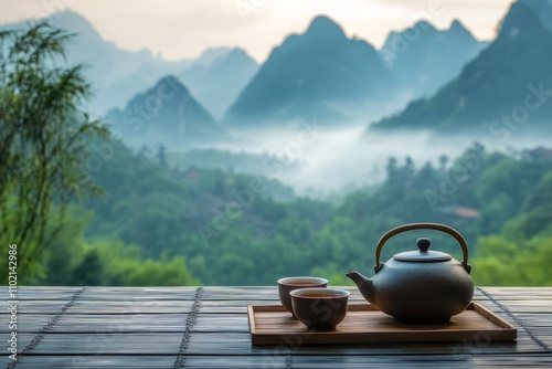 Enjoying a peaceful tea ceremony with a breathtaking view of the misty mountains
