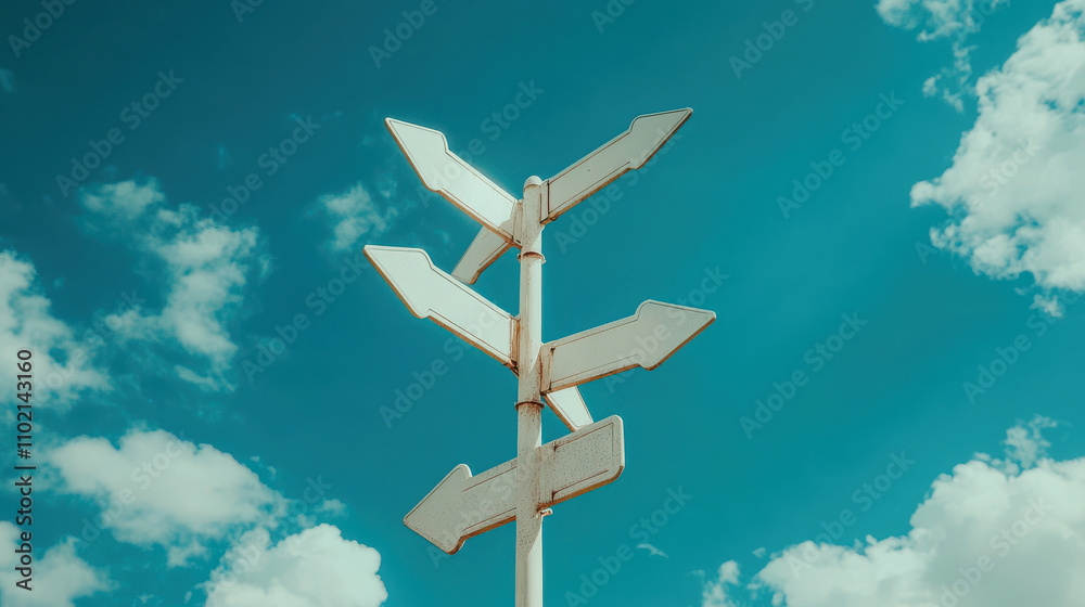 Directional arrows on white signpost against blue sky Directional arrows on white signpost against blue sky