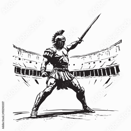 Brave Gladiator Standing Proudly in the Center of the Colosseum Vector Illustration with White Background