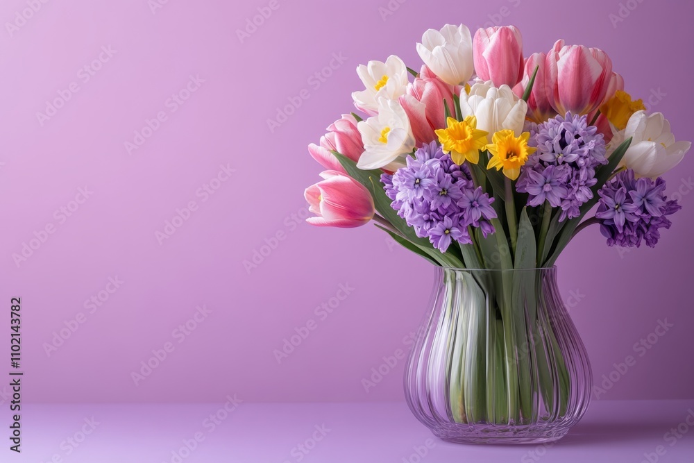 Vibrant spring bouquet featuring tulips, daffodils, and hyacinths in a glass vase, set against a purple backdrop Vibrant spring bouquet featuring tulips, daffodils, and hyacinths in a glass vase, set against a purple backdrop