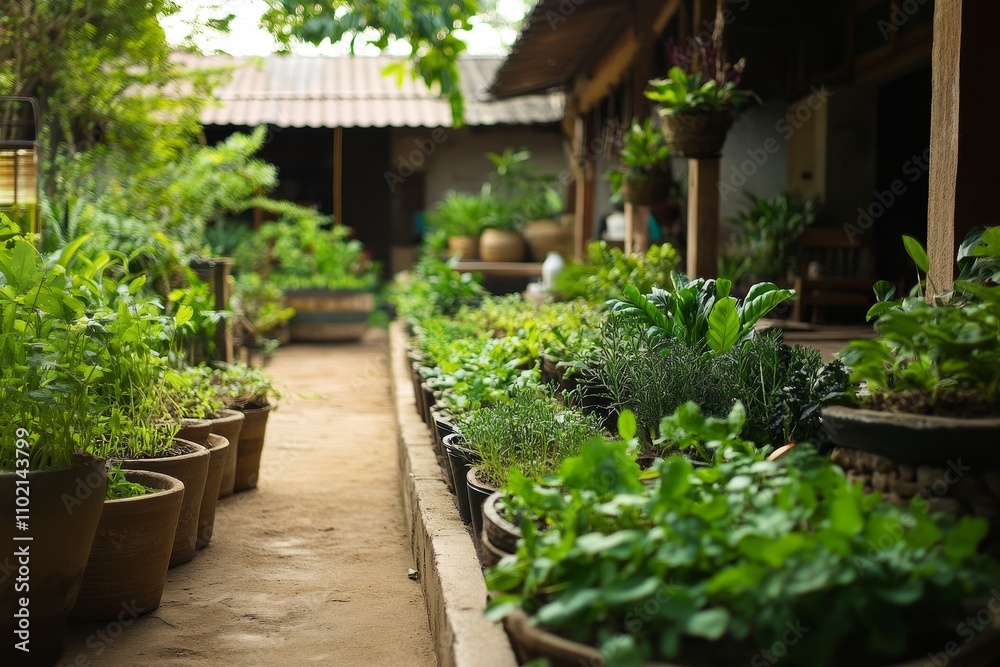 Tranquil Herbal Garden Path - Serene herbal garden, medicinal plants, natural healing, traditional remedies, earthy tones. Tranquil Herbal Garden Path - Serene herbal garden, medicinal plants, natural healing, traditional remedies, earthy tones.