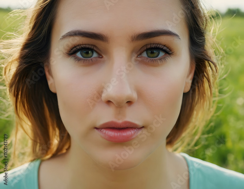 Young caucasian female with green eyes in natural setting