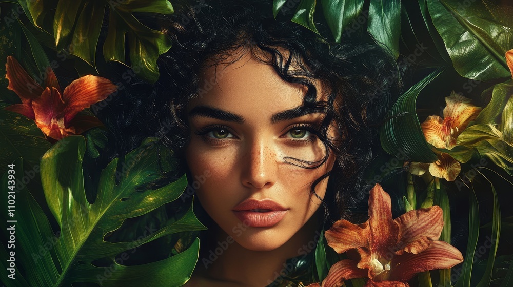 Tropical Beauty: A Woman Surrounded by Lush Greenery - Stunning portrait of a woman with striking features, framed by vibrant tropical flowers and leaves.  Beauty, nature, exotic, elegance, serenity.