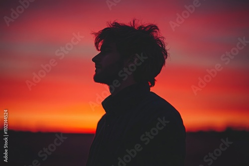 Silhouette of young man enjoying beautiful sunset with red and orange sky