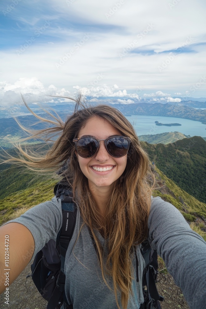 Windblown Adventure Joyful Woman in Wild Landscape, Mountain Lake View, Outdoor Happiness - Travel Concept Windblown Adventure Joyful Woman in Wild Landscape, Mountain Lake View, Outdoor Happiness - Travel Concept