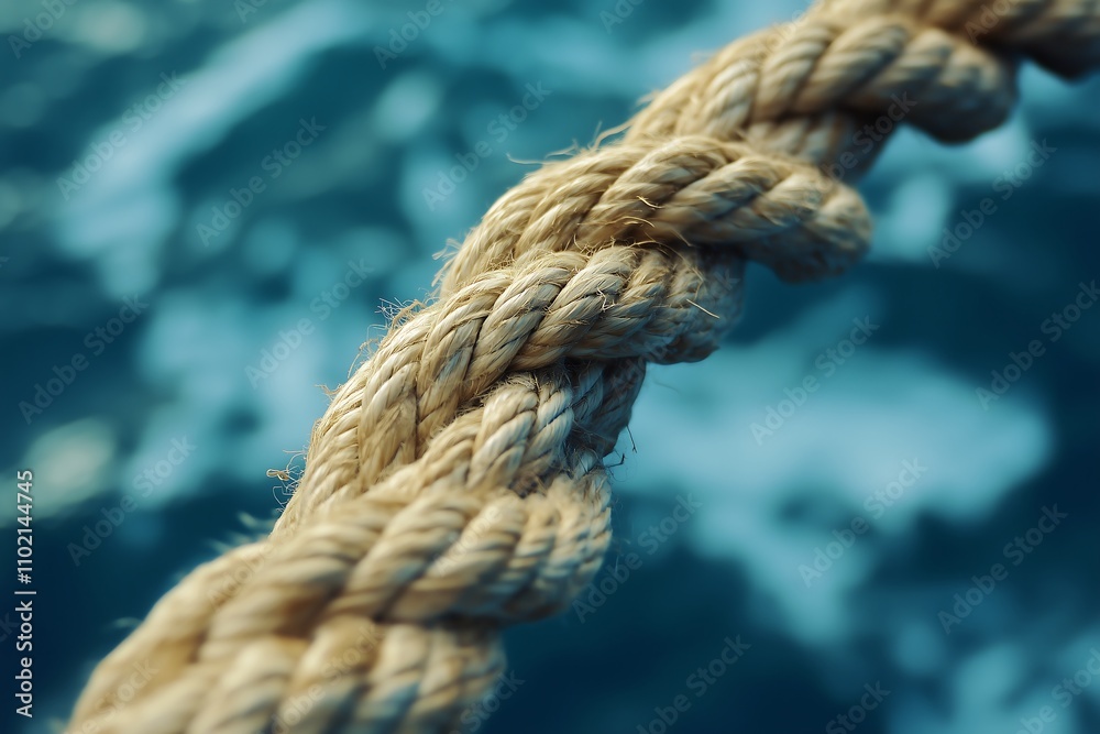 Close-up of a thick, textured rope against a serene blue ocean background. Close-up of a thick, textured rope against a serene blue ocean background.