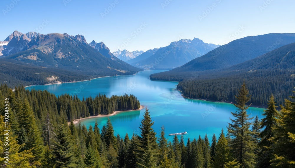 Panoramic view of a pristine turquoise lake nestled in a mountain valley, surrounded by lush evergreen forests under a clear blue sky. Panoramic view of a pristine turquoise lake nestled in a mountain valley, surrounded by lush evergreen forests under a clear blue sky.
