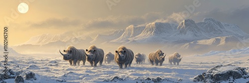 Woolly Rhinos in a Winter Wonderland - A herd of woolly rhinos grazes in a snowy landscape, symbolizing resilience, adaptation, ancient history, winter's beauty, and wildlife preservation.