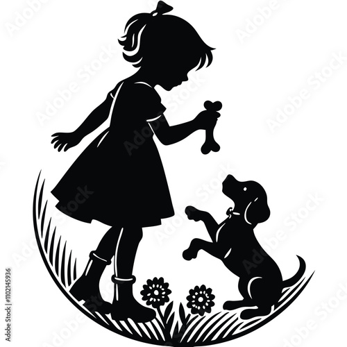 a black silhouette of a young girl playing with a dog