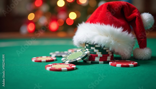 Christmas-themed poker chips with Santa hat on a green felt table during holiday season celebration in a cozy indoor setting photo