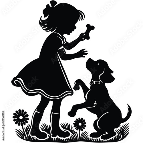 a black silhouette of a young girl playing with a dog