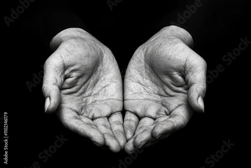 Pair of senior open hands, showing wrinkles and signs of aging, against a dark background, creating a powerful image of time, experience, and resilience photo