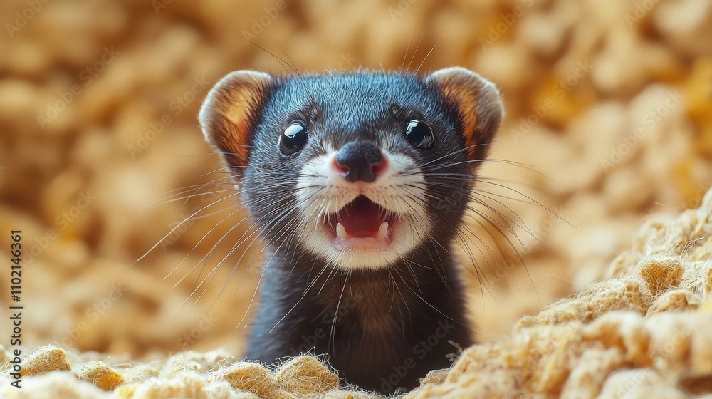 Adorable ferret with open mouth surrounded by cozy fabric Adorable ferret with open mouth surrounded by cozy fabric