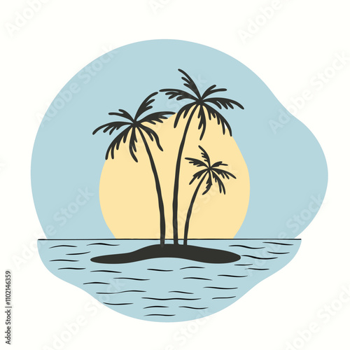 a circular illustration of a small island with three palm trees on it