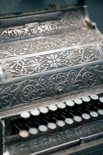 Closeup of old cash register from the 1830s photo