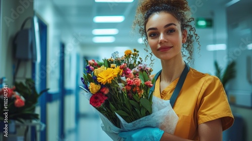 Fototapeta Naklejka Na Ścianę i Meble -  Volunteer in a hospital delivering flowers or essentials to a patient