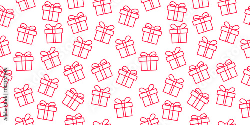 Seamless pattern background of gift boxes red line art style. Gift box motif fabric for birthday, package, present, wrap, surpise, shop