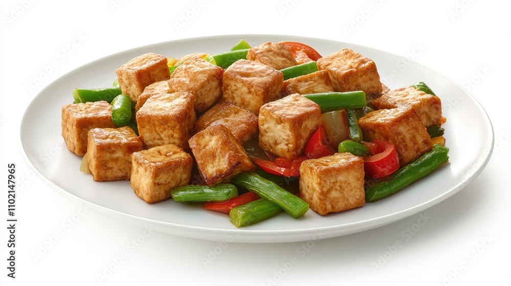 Stir-fried tofu and mixed vegetables, arranged on a clean white background, presenting a classic vegan meal. Stir-fried tofu and mixed vegetables, arranged on a clean white background, presenting a classic vegan meal.