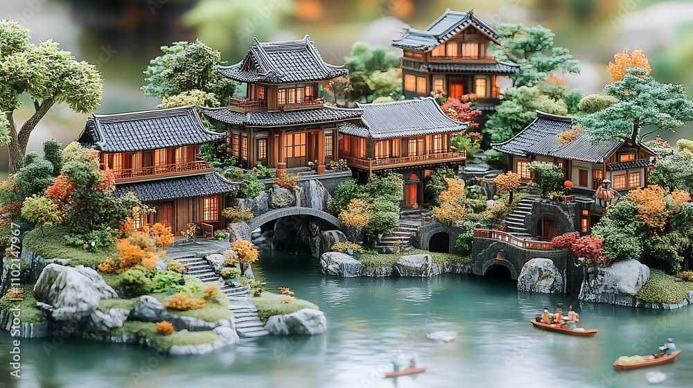 Fototapeta premium Miniature Traditional Asian Houses with Garden and Water Features : Generative AI