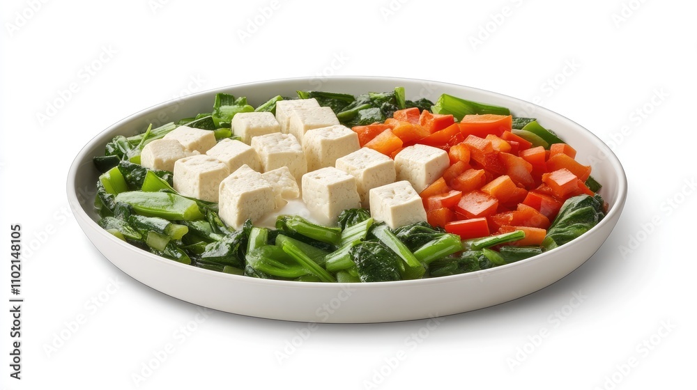 Stir-fried tofu and mixed vegetables, arranged on a clean white background, presenting a classic vegan meal. Stir-fried tofu and mixed vegetables, arranged on a clean white background, presenting a classic vegan meal.