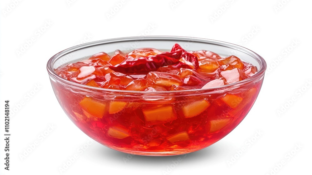Sweet-and-sour sauce in a transparent bowl with chili slices, standing out against a white background with bright red hues. Sweet-and-sour sauce in a transparent bowl with chili slices, standing out against a white background with bright red hues.