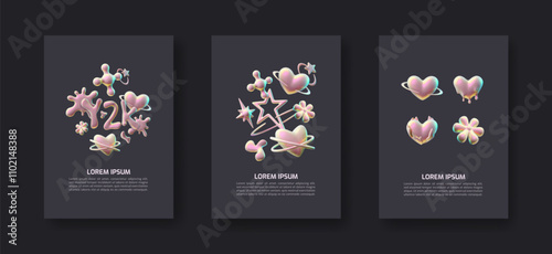 A collection of posters with 3d shapes with unusual shiny pink shapes and iridescent iridescence.