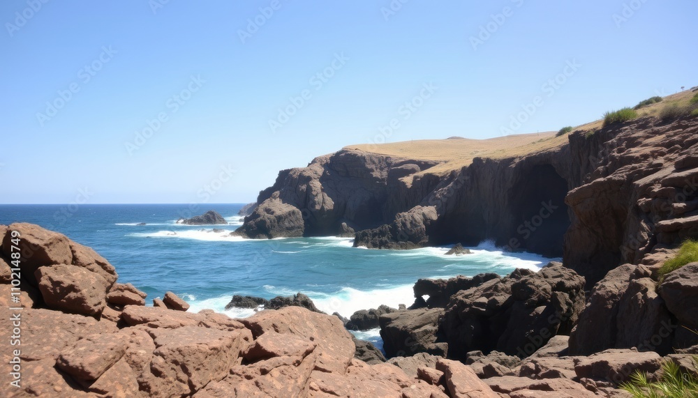 Rocky coast with ocean waves crashing against cliffs. Rocky coast with ocean waves crashing against cliffs.