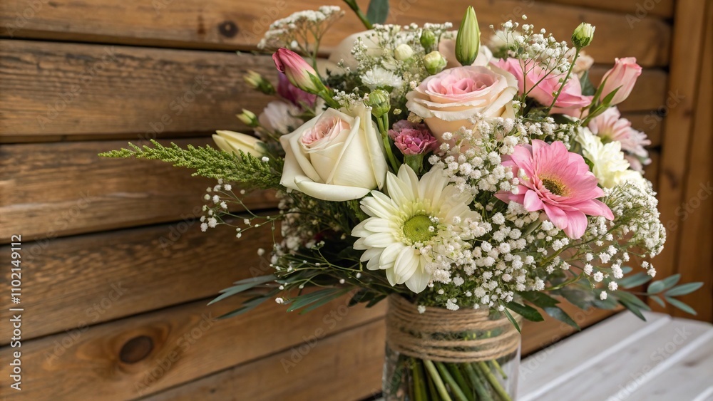 A beautiful floral arrangement featuring a variety of flowers including gypsophila set against a wooden background, gypsophila, rustic decor A beautiful floral arrangement featuring a variety of flowers including gypsophila set against a wooden background, gypsophila, rustic decor