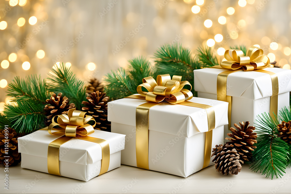 White gift boxes with golden ribbon surrounded by pinecones and Christmas ornaments Beautiful Christmas gift boxes. White gift boxes with golden ribbon surrounded by pinecones and Christmas ornaments Beautiful Christmas gift boxes.