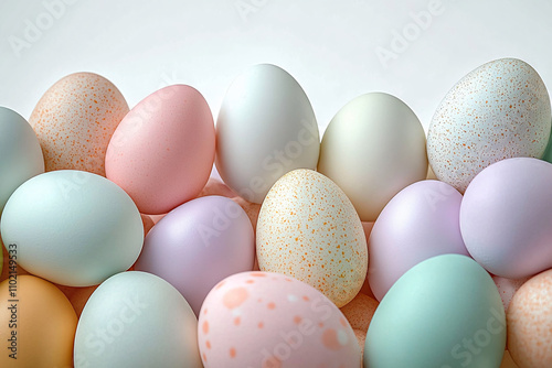Pastel-colored Easter eggs in soft hues create a whimsical spring atmosphere, perfect for Easter celebrations, decorations, and greeting cards.