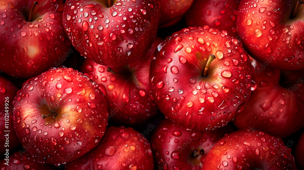Pile of vibrant red apples with water droplets, emphasizing freshness and juicines Pile of vibrant red apples with water droplets, emphasizing freshness and juicines