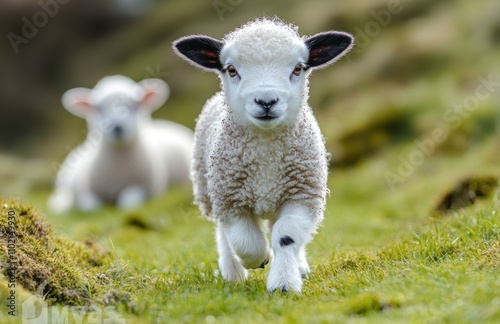 Adorable lamb walks towards camera, another lamb blurred in background.