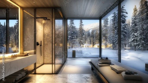 Cozy Winter Cabin Bathroom with Scenic View and Modern Design