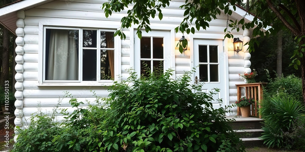 A cozy white cabin with a wooden exterior and lush plant life in the foreground, plant lover, outdoor living space A cozy white cabin with a wooden exterior and lush plant life in the foreground, plant lover, outdoor living space