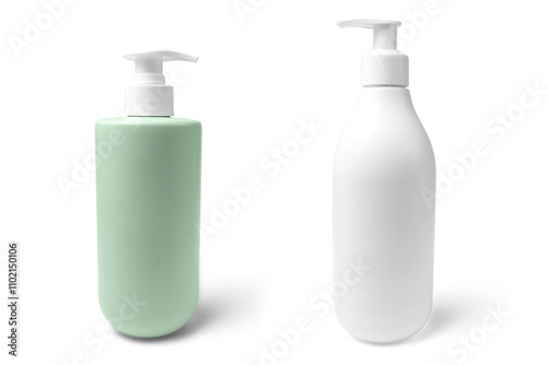 Green and white unbranded bottles with pump for liquid soap, shampoo, or lotion isolated on a white background